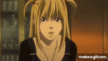 a girl with pigtails and a necklace is standing in front of a shelf .
