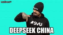 a man wearing a black hoodie and a black hat says deepseek china
