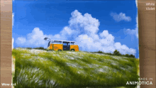 a painting of a yellow van on top of a grassy hill