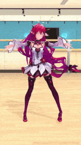 a girl with red hair is standing in a dance studio with her arms outstretched