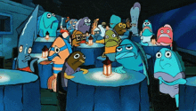 a group of cartoon characters are sitting at tables with lanterns and one of them has the number 13 on his chest