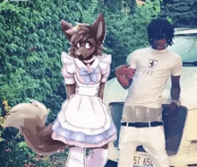a furry girl in a maid dress is standing next to a man .