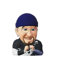 a cartoon character wearing glasses and a blue beanie