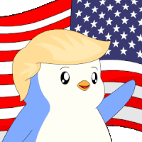 a cartoon of a penguin wearing donald trump 's wig is standing in front of an american flag