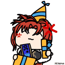 a drawing of a person wearing a party hat and holding a card that says ' uc + ' on it