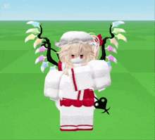 a girl in a red and white outfit is standing on a green field with capcut written on the bottom