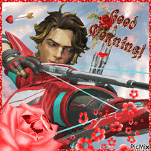 a picture of a man holding a bow and arrow with the words good morning on it