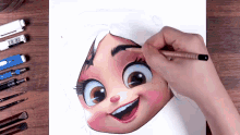 a person is drawing a girl with a pencil on a piece of paper