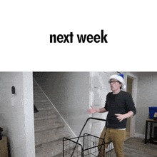 a man wearing a santa hat pushes a shopping cart down a set of stairs next to the words next week
