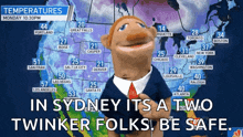 a puppet is standing in front of a map of the united states with the words in sydney its a two twinker folks