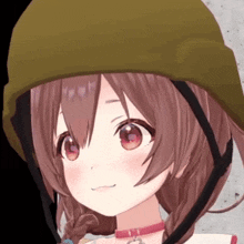a close up of a girl wearing a helmet and a choker .