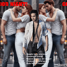 a man is standing in front of two women and says goodnight