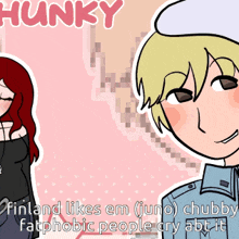 a cartoon drawing of a man and a woman with the words " chunky " on top