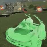 a green car in a video game with a question mark