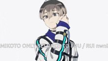 a drawing of a boy with the words " nikoto only belongs to tofu / rui nvl " on the bottom
