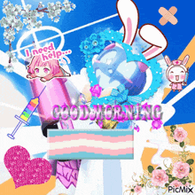 a collage of images with the words good morning written in pink