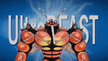 the word beast is on a blue background with a red monster