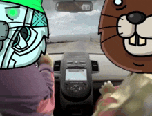 two cartoon characters in a car with one wearing a green hat and the other wearing a brown hat