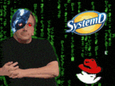 a man with a robot head and a systemd logo