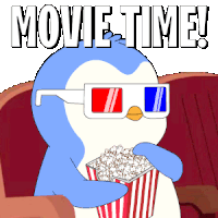 a penguin wearing 3d glasses is holding a bucket of popcorn and says movie time