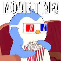 a penguin wearing 3d glasses is holding a bucket of popcorn and says movie time