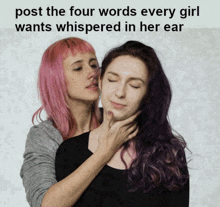 two women with pink hair and purple hair are hugging each other