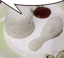 a plate of rice with a chicken leg and ketchup