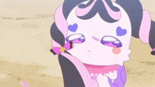a pink and purple cartoon character with a butterfly on her ear