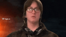 a man wearing glasses stands in front of a viggle.ai advertisement