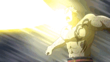 a man with a tattoo on his chest is standing in front of a beam of light