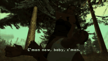 a video game screen shows a man carrying a woman on his shoulders and the words c mon now baby c ' mon