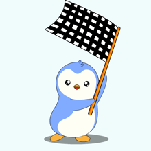 a penguin is holding a checkered flag on a pole