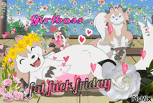 a girl boss fat fuck friday greeting card with two cartoon characters