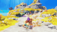 a video game scene with a monkey in a purple hat blowing bubbles