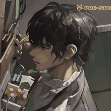 a drawing of a man looking through a microscope with the words pre-story written on the bottom