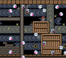 a video game where mario is surrounded by ghosts and wooden boxes