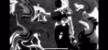 a black and white photo of a man standing in front of a wall with a swirling pattern .