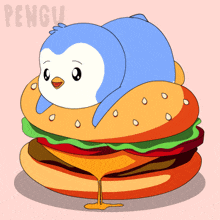 a penguin is sitting on top of a hamburger with the word pengu written on the bottom