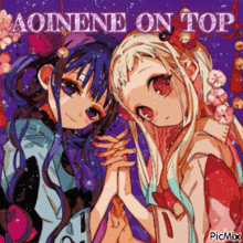 a picture of two anime girls holding hands with the words aoinene on top above them