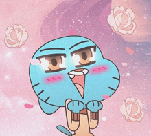 gumball from the amazing world of gumball is shown with flowers in the background