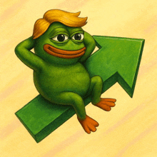 a green frog with a blonde haircut is sitting on a green arrow