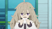a girl with long hair and purple eyes is eating a doughnut