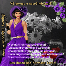 a picture of a woman in a purple dress and hat with the words " have a wonderful evening " at the top