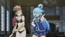 two anime characters are standing next to each other in a room with a brick wall