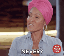 a woman wearing a pink turban is asking the question " never "