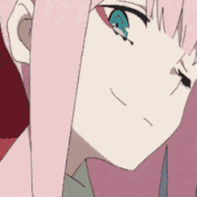 a close up of a pink haired anime girl with blue eyes