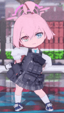 a little girl with pink hair and blue eyes is holding a gun in her hand .