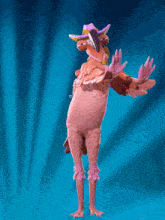a pink bird wearing a cowboy hat stands on its hind legs on a blue background