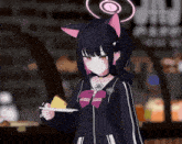 a girl with cat ears holding a piece of cheese