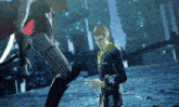 a man in a suit is standing in front of a woman in a black bodysuit
